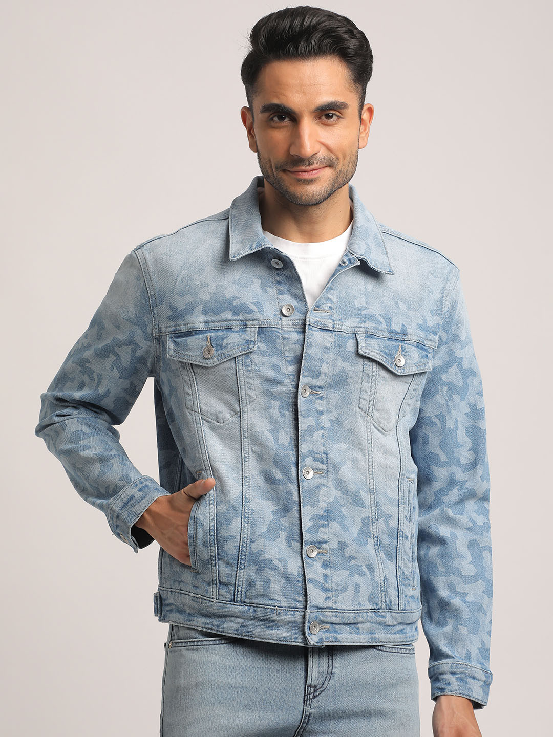 EVERBLUE Men Classic Light Blue Cotton Stretch Denim Jacket