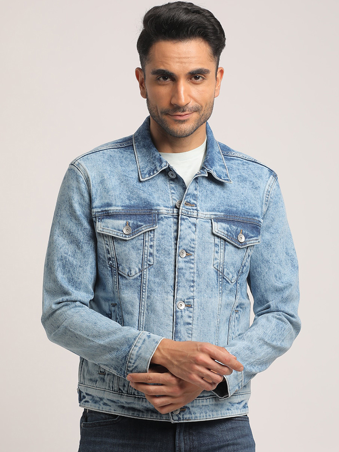 EVERBLUE Men Classic Light Blue Cotton Stretch Denim Jacket