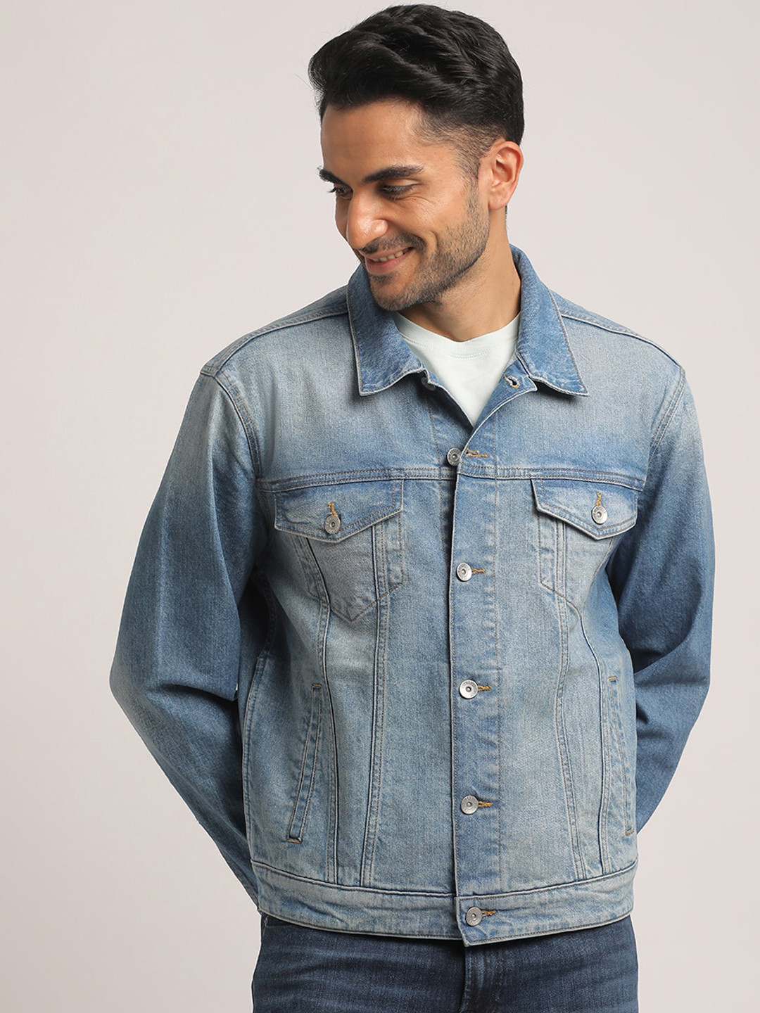 EVERBLUE Men Classic Light Blue Cotton Stretch Denim Jacket