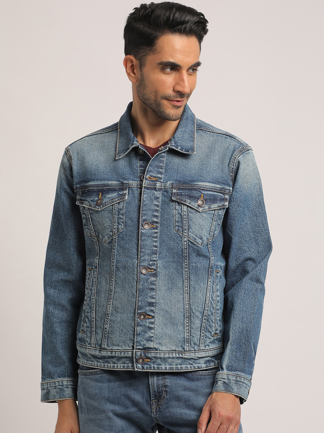 EVERBLUE Men Classic Mid Blue Cotton Stretch Denim Jacket