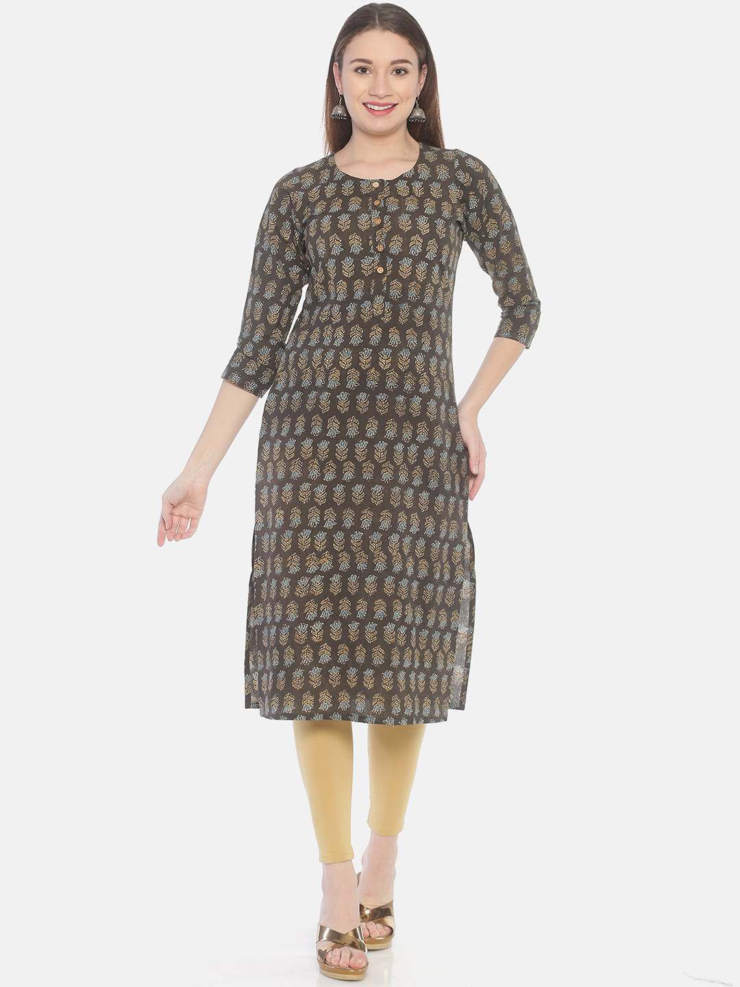 Weaves of Tradition Ethnic Motifs Printed Round Neck Calf Length Straight Kurta