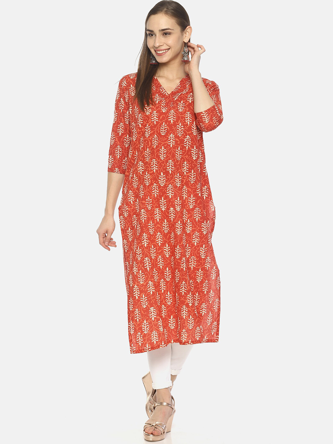 Weaves of Tradition Ethnic Motifs Printed V-Neck Calf Length Pure Cotton Straight Kurta