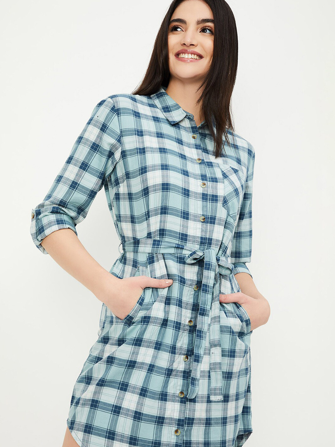 max Checked Roll-Up Sleeves Spread Collar Tie-Up Neck Cotton Shirt Dress