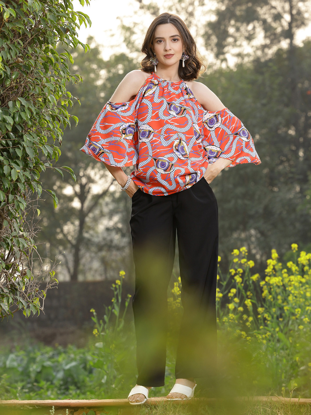 plusS Coral Abstract Print Cold-Shoulder Top