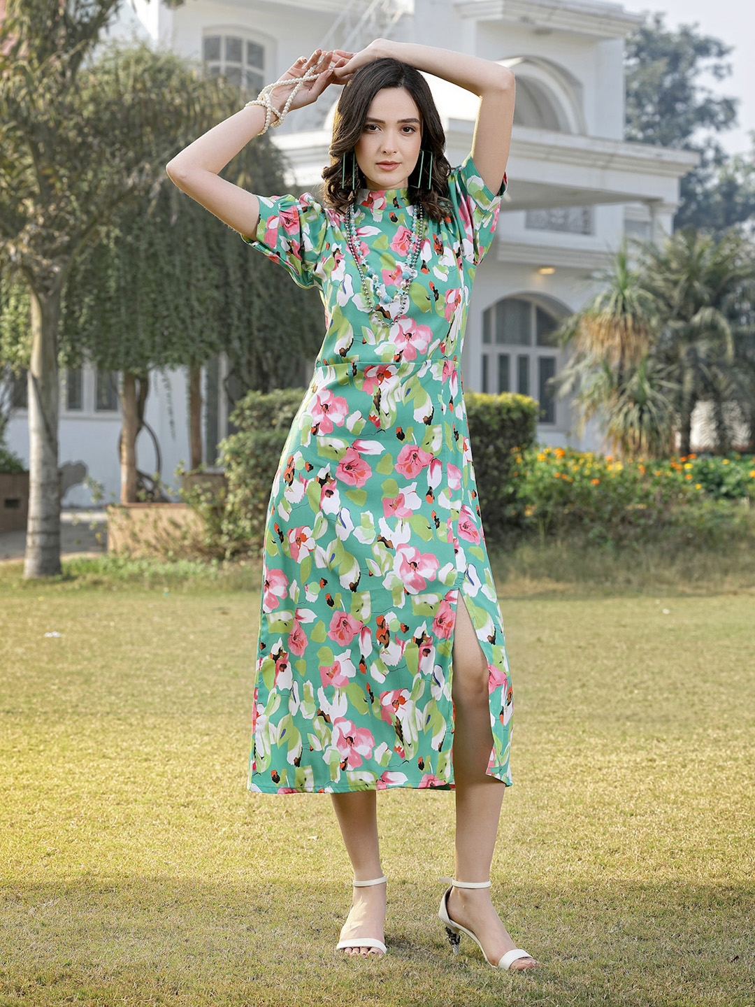 Green high neck midi dress cheap