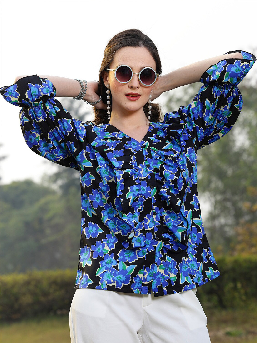 plusS Blue Floral Print Shirt Style Top