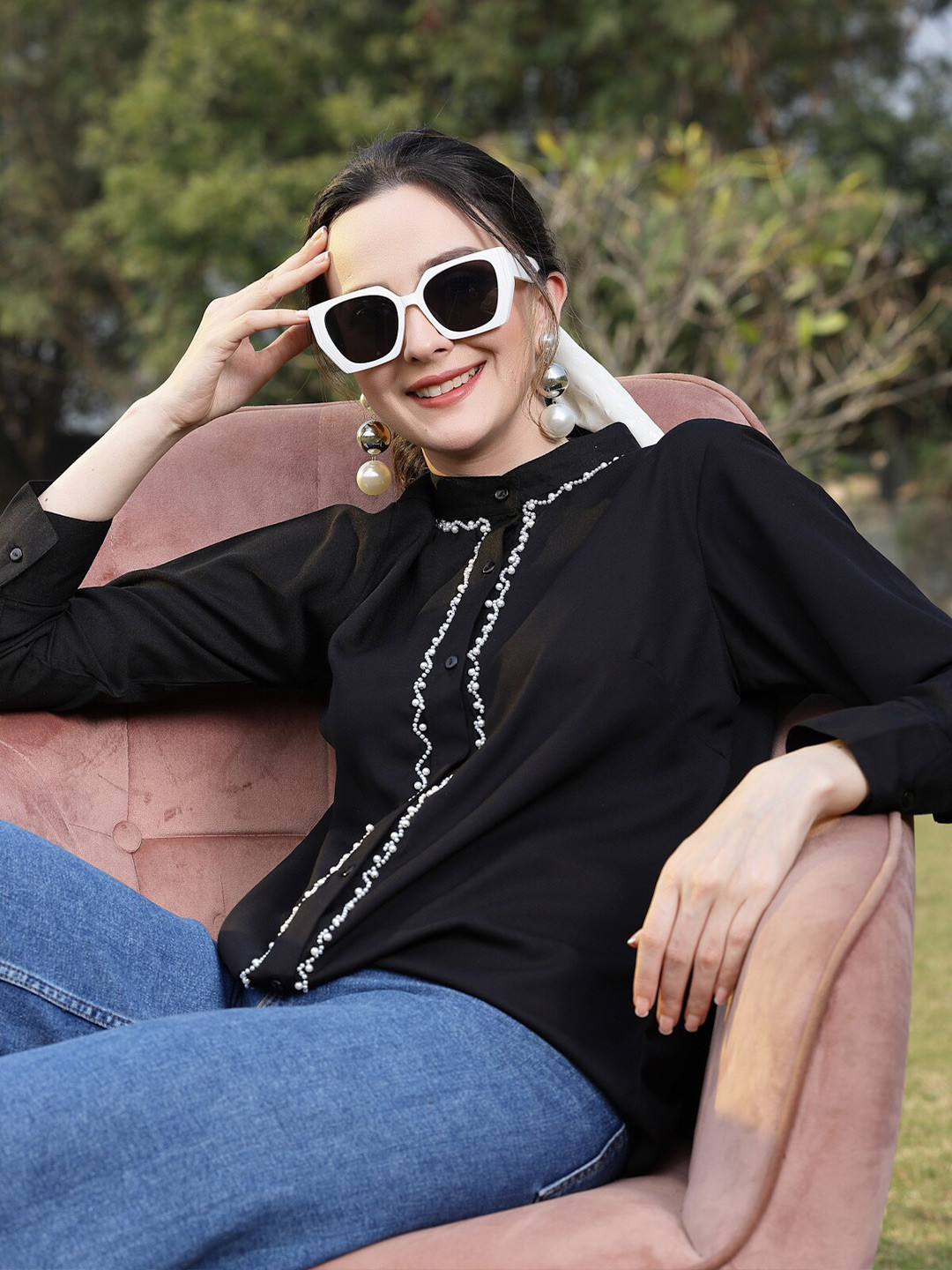 plusS Mandarin Collar Embellished Casual Shirt