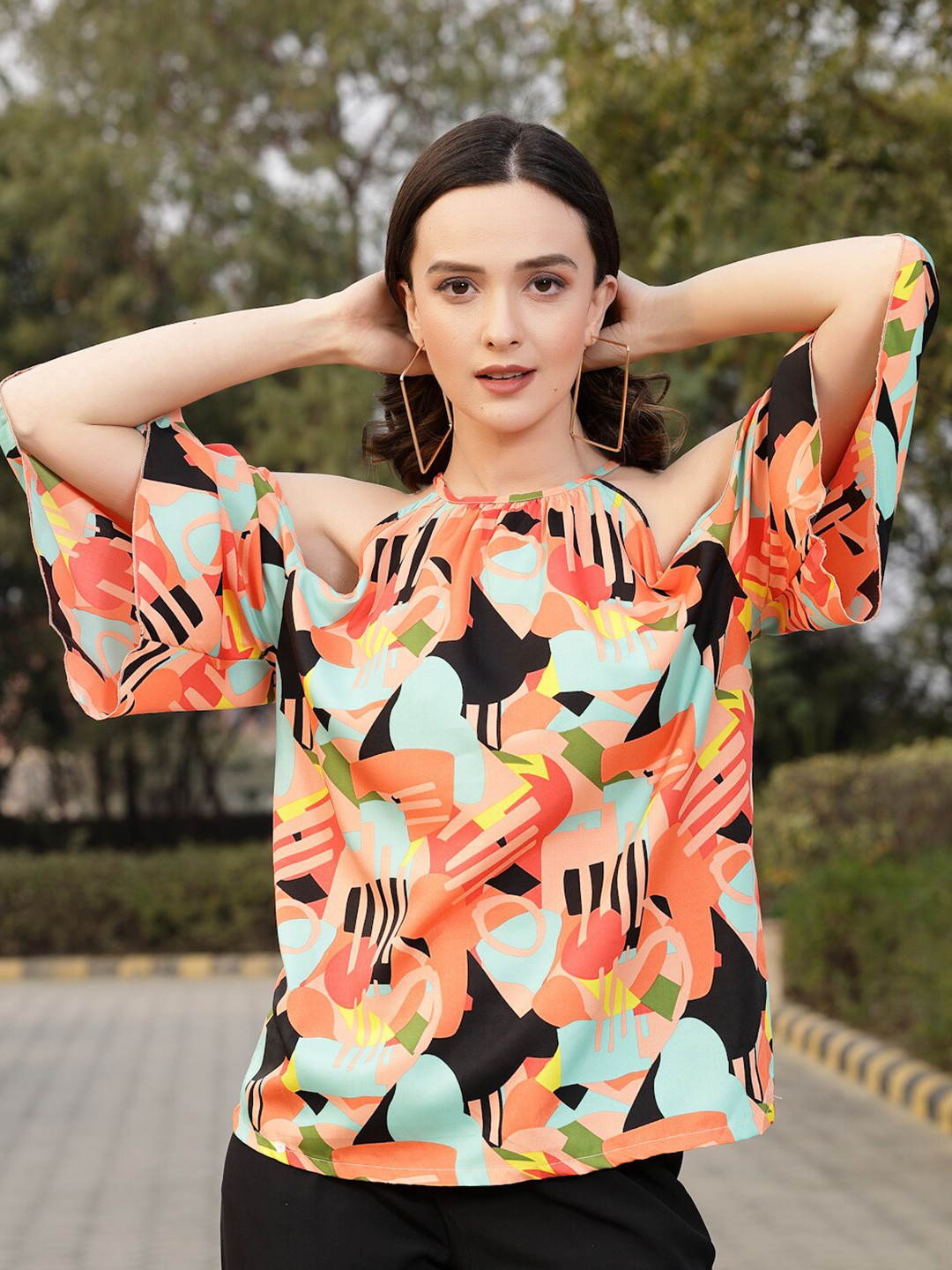 plusS Pink Abstract Print Cold-Shoulder Top