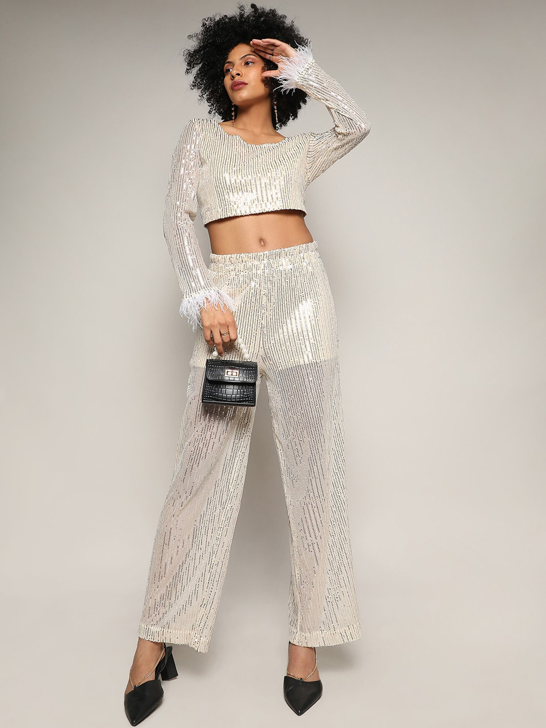 Campus Sutra Sheer Embellished Crop Top With Trousers Co-Ords