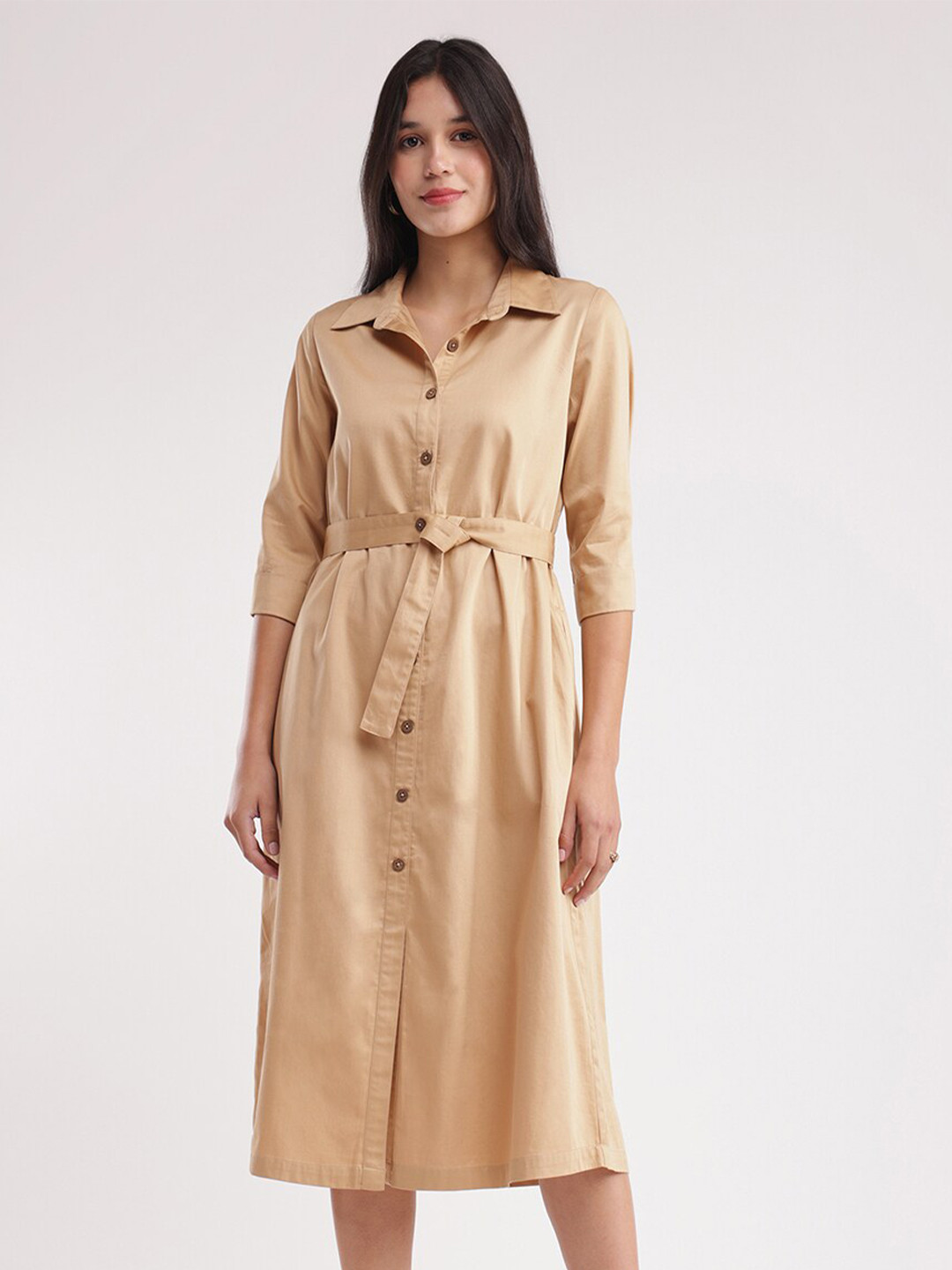 FableStreet Cotton Shirt Collar Three-Quarter Sleeves Shirt Midi Women Dress Comes With A Belt