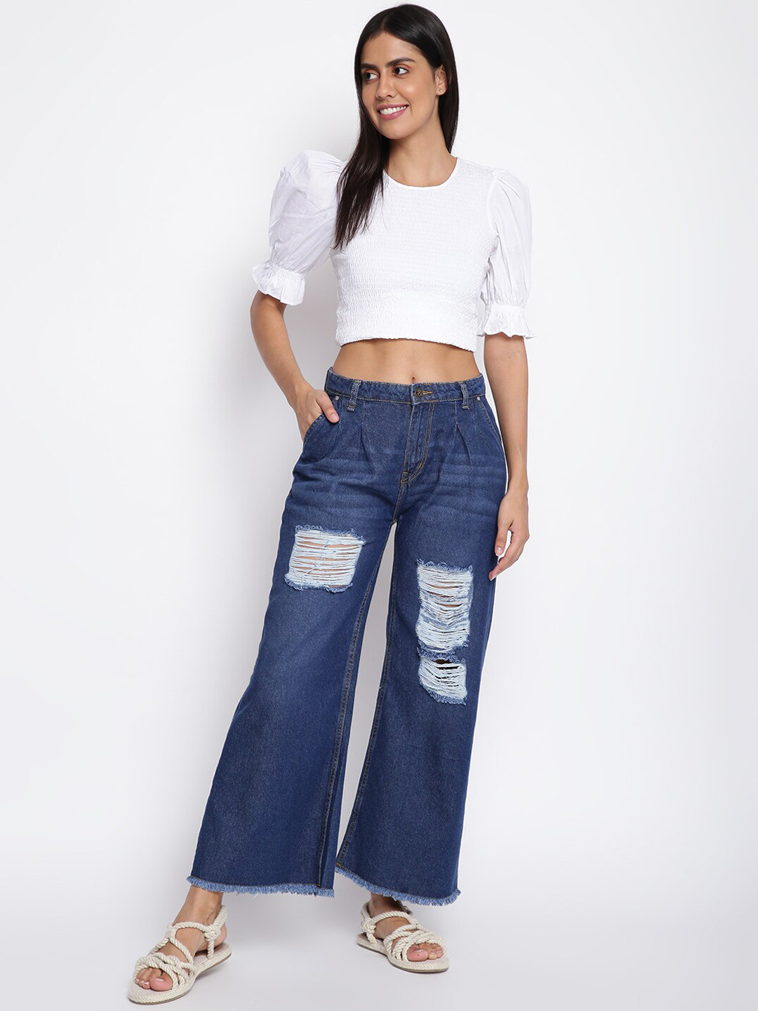 TALES & STORIES Women Wide Leg Highly Distressed Light Fade Denim Jeans