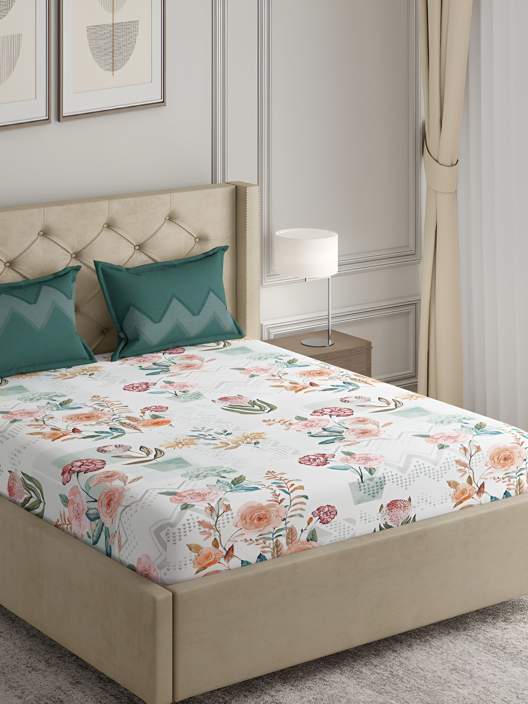 GM Valencia White Graphic Cotton 144 TC Queen Bedsheet with 2 Pillow Covers-90 x 108 inches