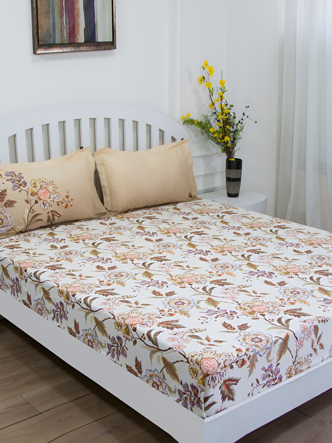 GM Regal Beige Floral Cotton 144 TC Queen Bedsheet with 2 Pillow Covers-89 x 79 inches