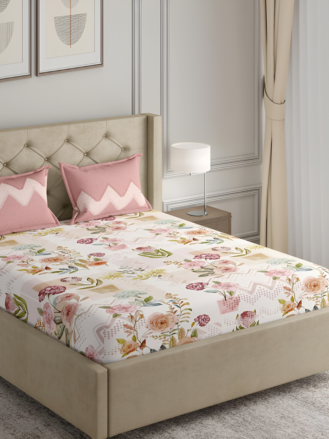 GM Valencia White Floral Cotton Skin-Friendly 144 TC Queen Bedsheet with 2 Pillow Covers-273 x 273 cm