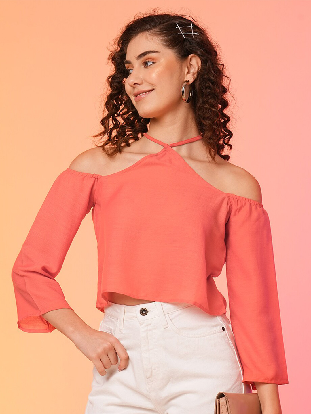 Globus Coral Loose Fit Tie-Up Neck Cold-Shoulder Sleeves Cotton Top