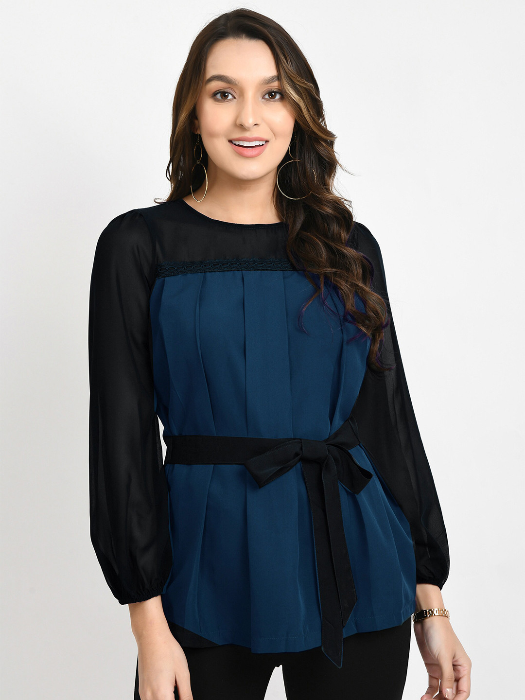 V&M Colorblock Pleated waist Tie-up Top