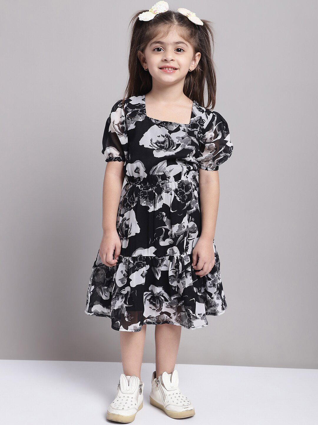 MINI & MING Girls Floral Printed Georgette Empire Dress