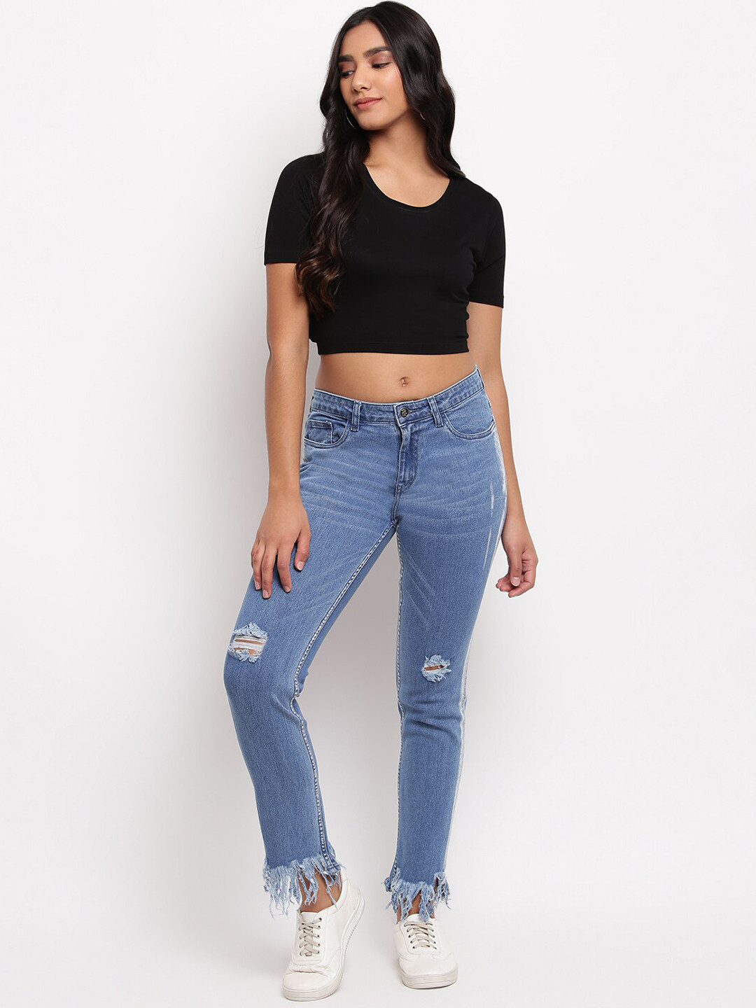 TALES & STORIES Women Slim Fit Mildly Distressed Light Fade Stretchable Denim Jeans