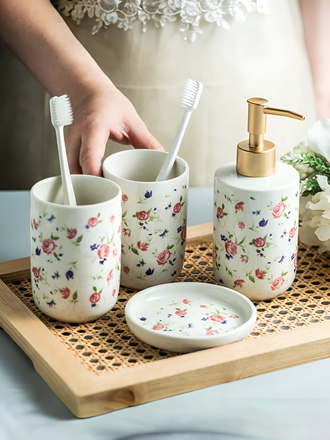 The Better Home White & Red 4 Pieces Floral Ceramic Bathroom Accessory