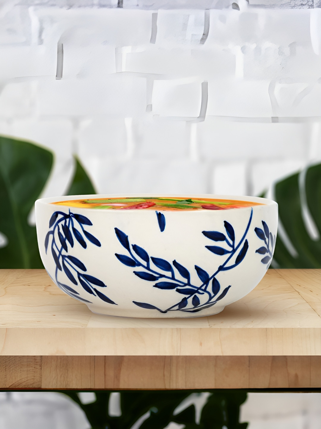 The Better Home White & Blue Printed Ceramic Glossy Microwave Safe Bowl