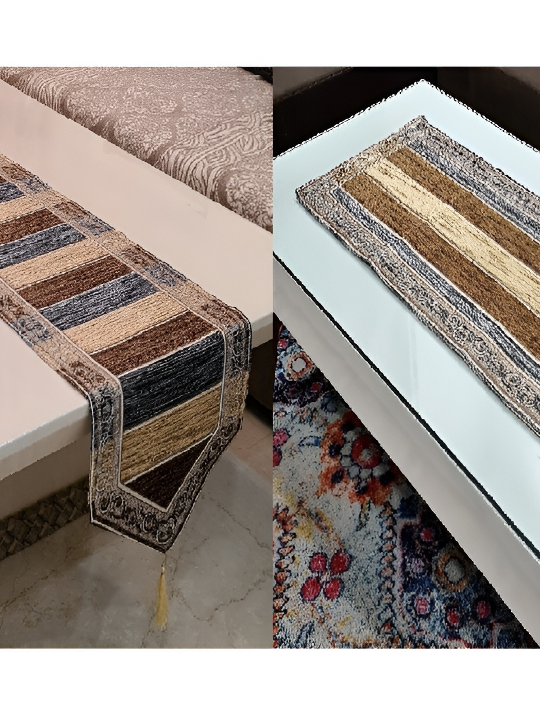 GROKI Brown 2 Pcs Striped Durable Table Runner