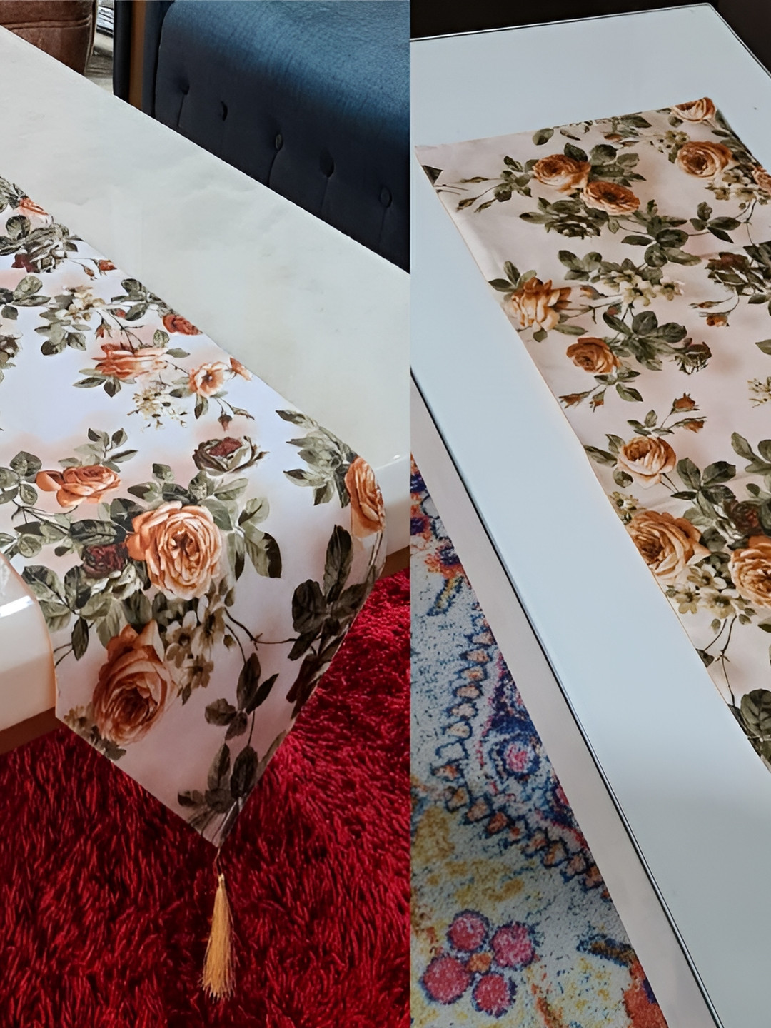 GROKI Peach-Coloured 2 Pcs Floral Printed Durable Table Runner
