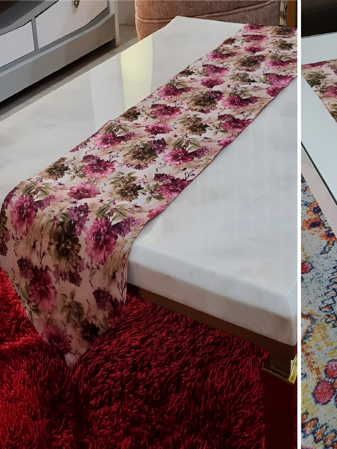 GROKI Brown 2 Pcs Floral Printed Durable Dining & Centre Table Runner
