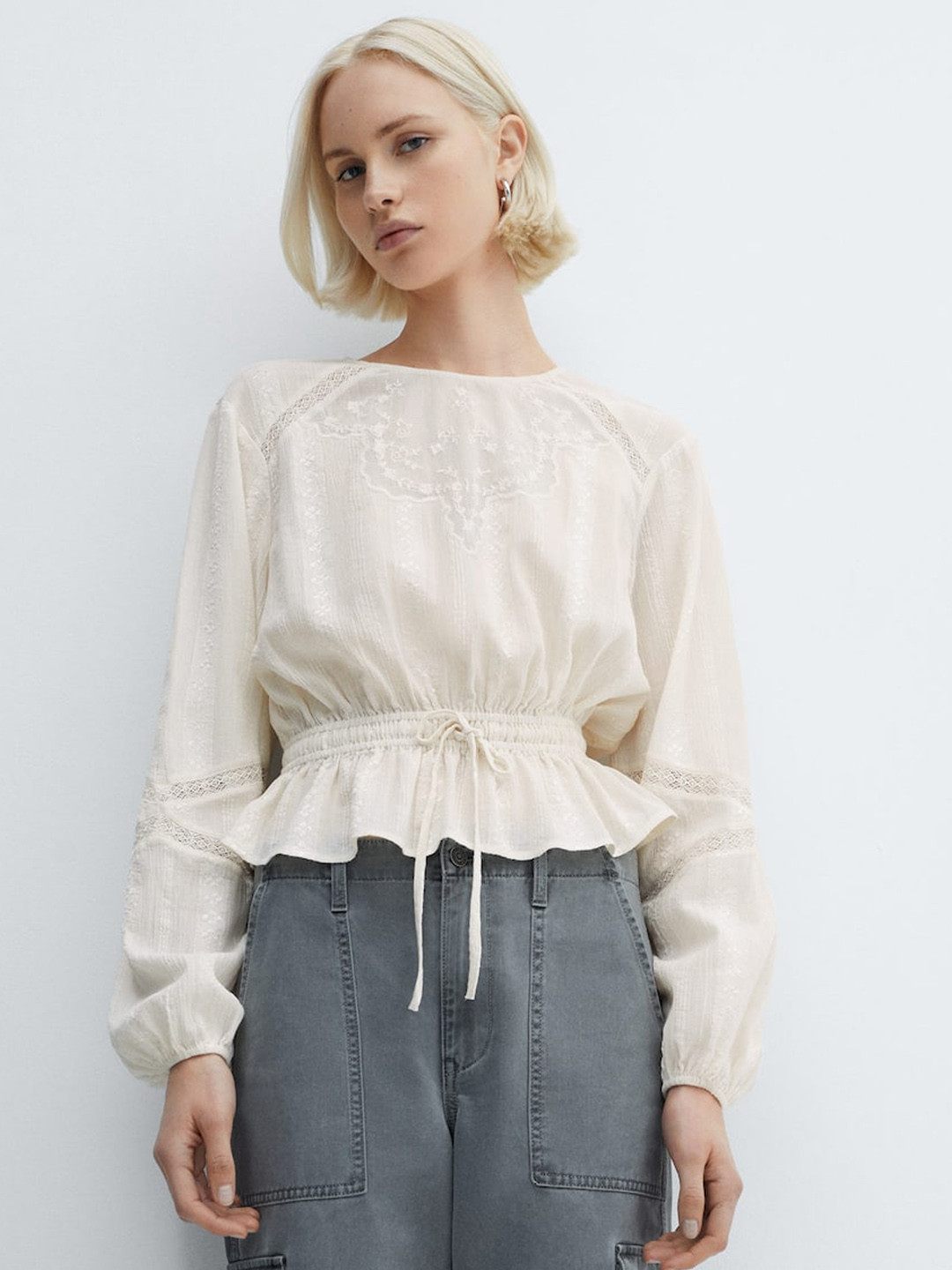 MANGO Puff Sleeves Lace Inserted Cinched Waist Top