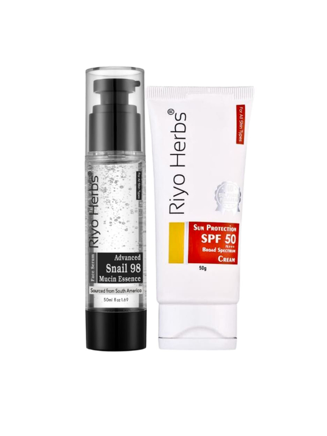 Riyo Herbs Set Of 2 Snail 98 Mucin Essence Serum - 50ml-Sun Protection SPF 50 Cream - 50g