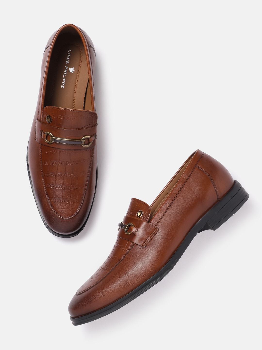 Louis Philippe Men Leather Croc Textured Formal Horsebit Loafers