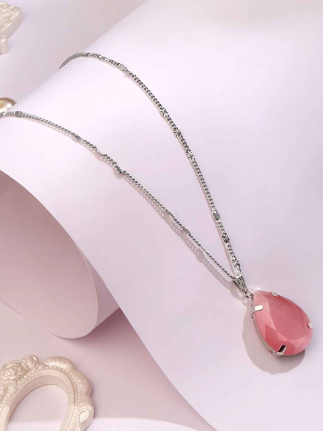 Cierra Silver-Plated Artificial Stone-Studded Teardrop-Charm Pendant With Chain