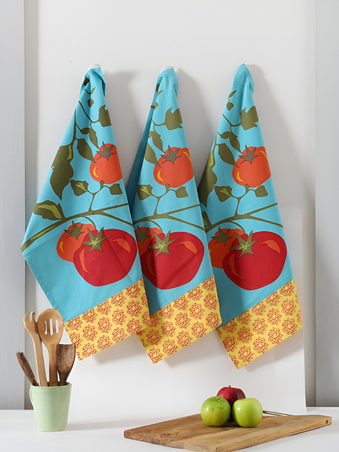 Ratan Cart 3-pcs Blue & Yellow Printed Cotton Kitchen Towels