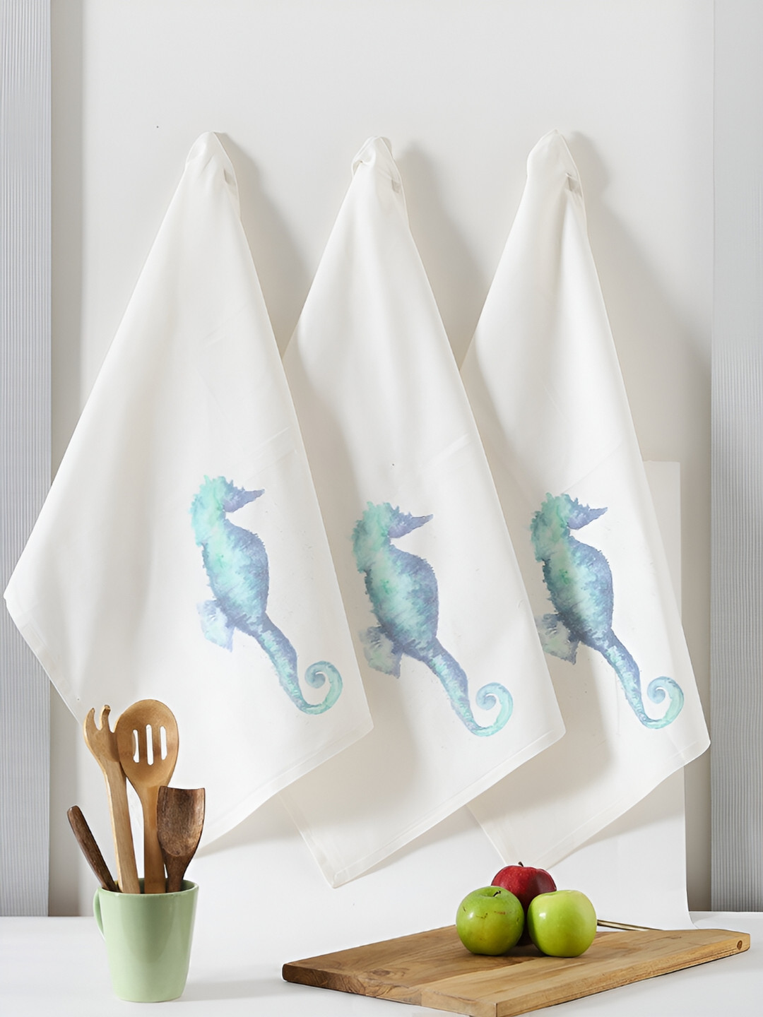 TARAN LIVING 3-pcs White & Blue Printed Cotton Kitchen Towels