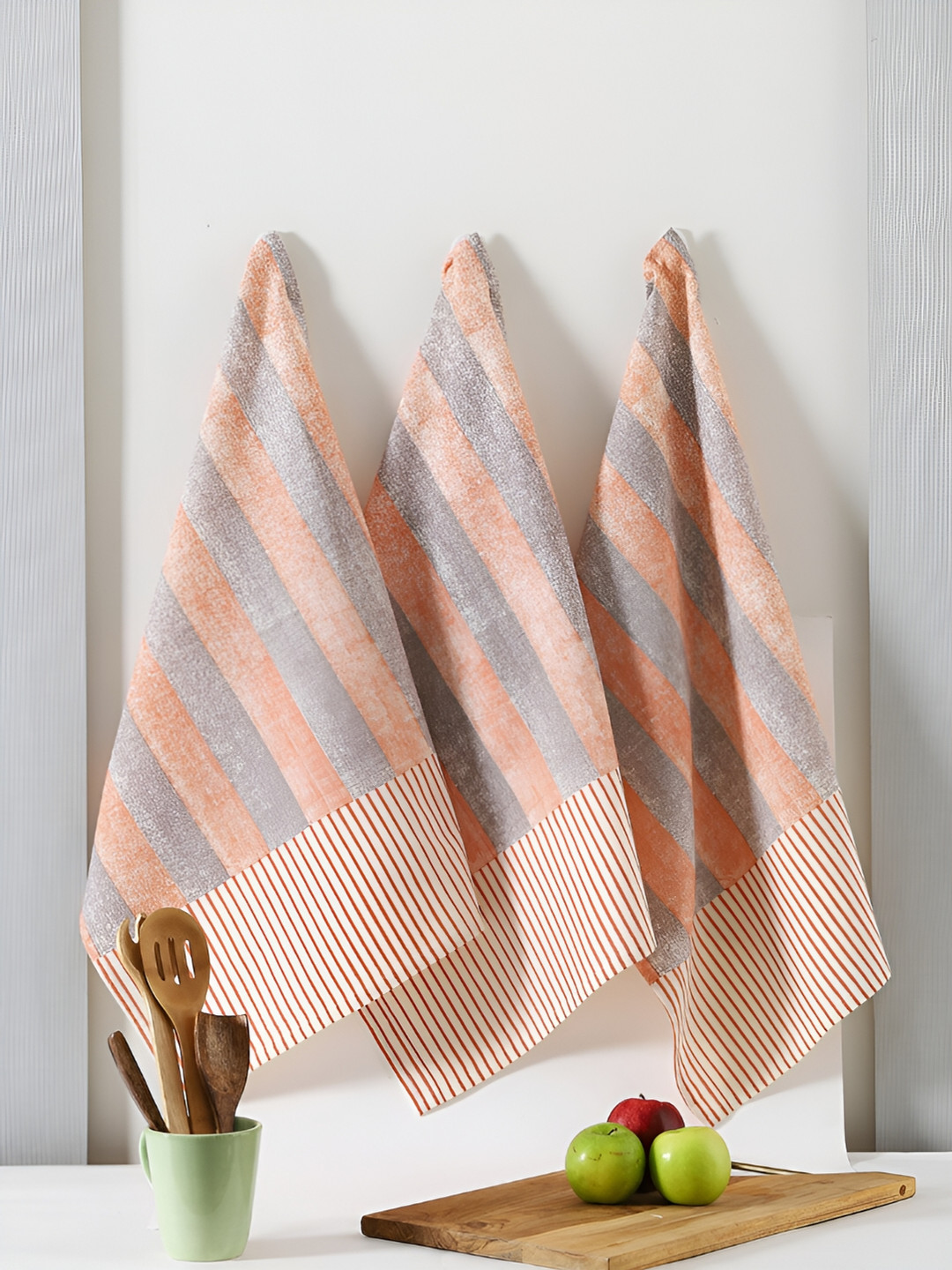TARAN LIVING 3-pcs Rust Stripe Cotton Kitchen Towels