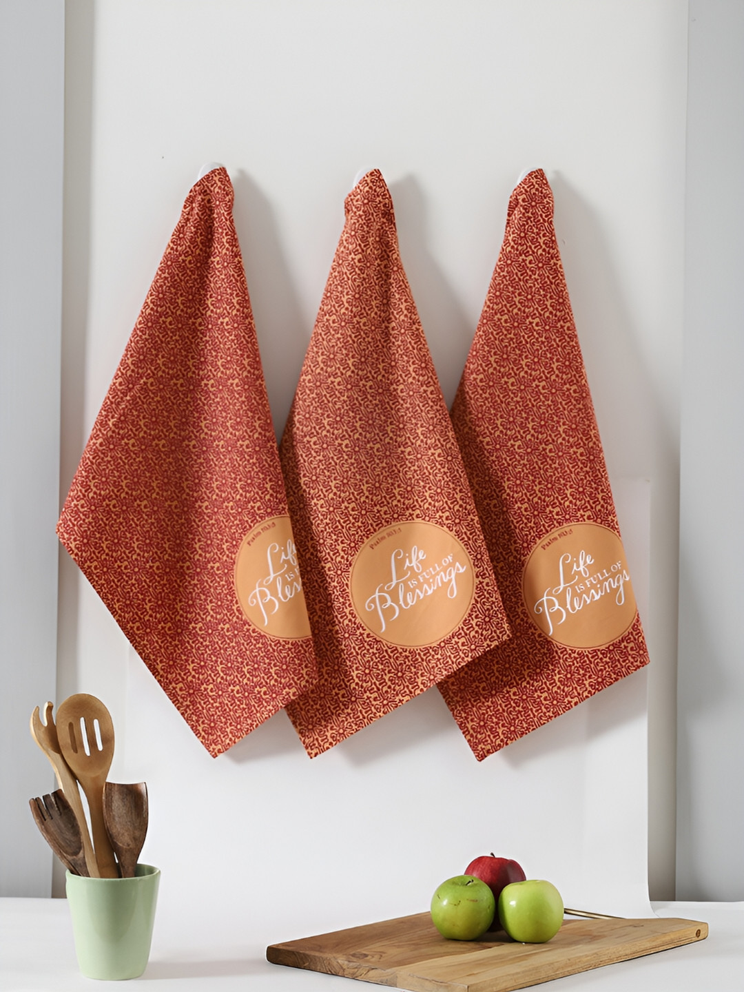 Ratan Cart Brown & Rust 3 Pieces Printed Cotton Kitchen Towels