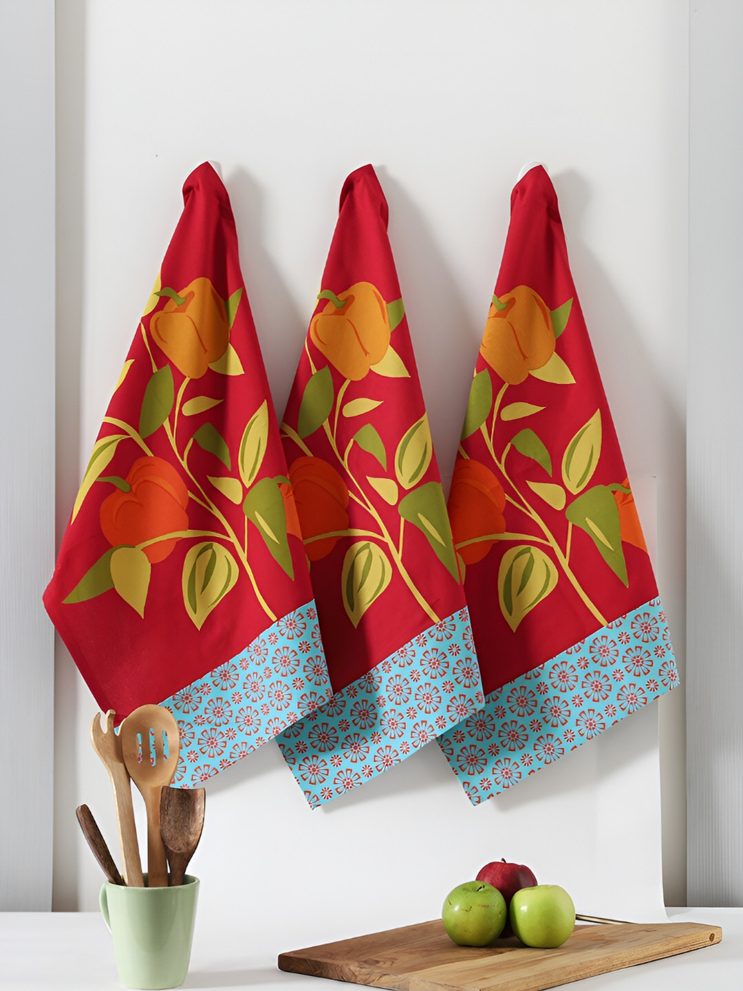 TARAN LIVING 3-pcs Red Printed Cotton Kitchen Towels