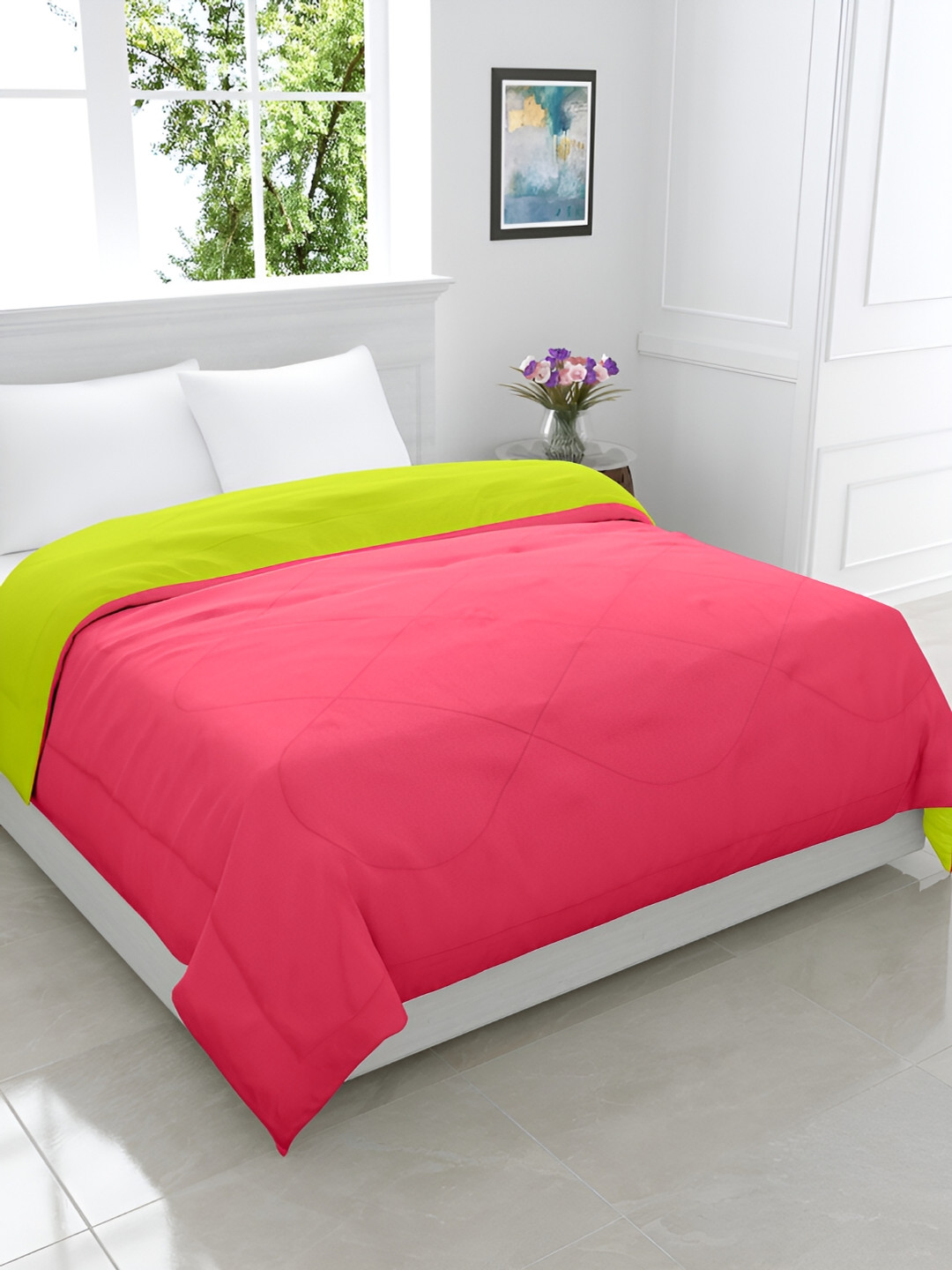 GYT Pink & Lime Green Microfiber Mild Winter Double Bed Comforter