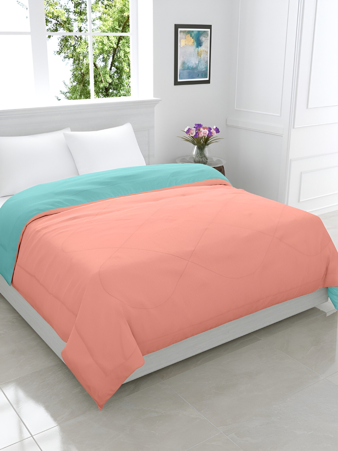 GYT Turquoise Blue & Peach-Coloured Microfiber Mild Winter Double Bed Comforter