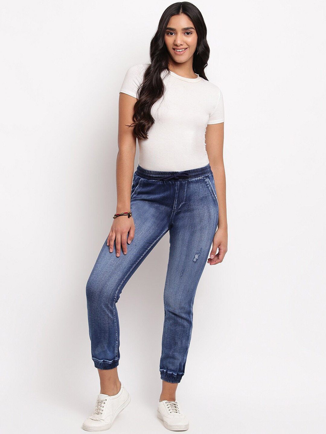 TALES & STORIES Women Slim Fit Low Distress Heavy Fade Mid-Rise Denim Joggers