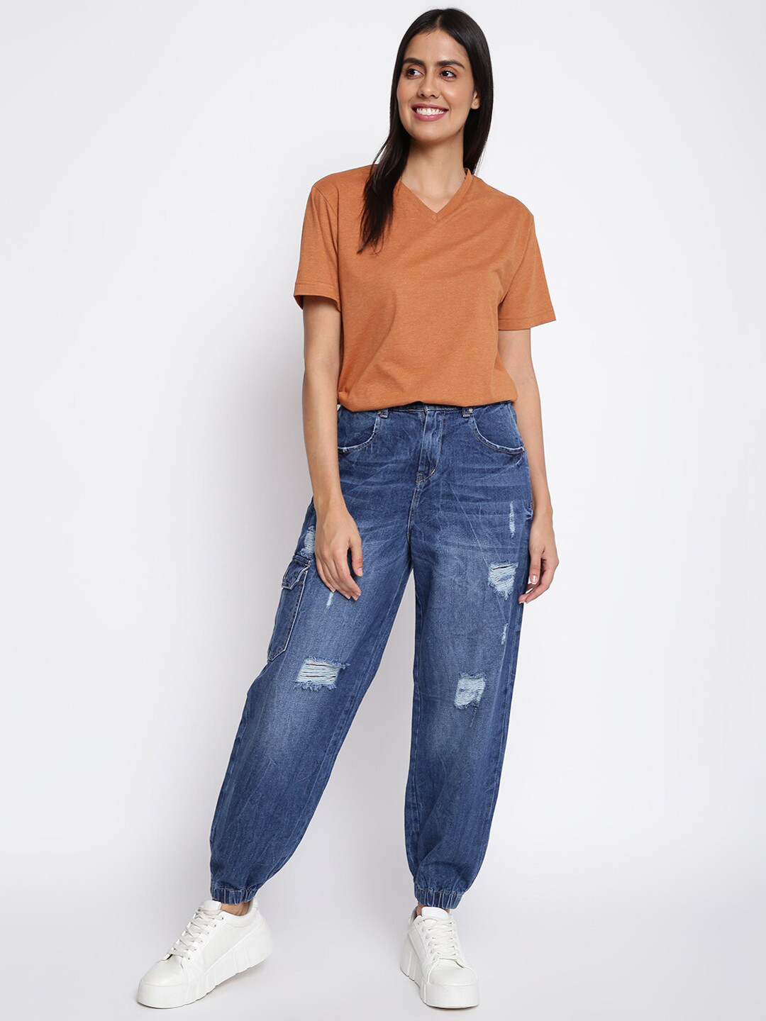 TALES & STORIES Women Mildly Distressed Light Fade Cotton Denim Joggers