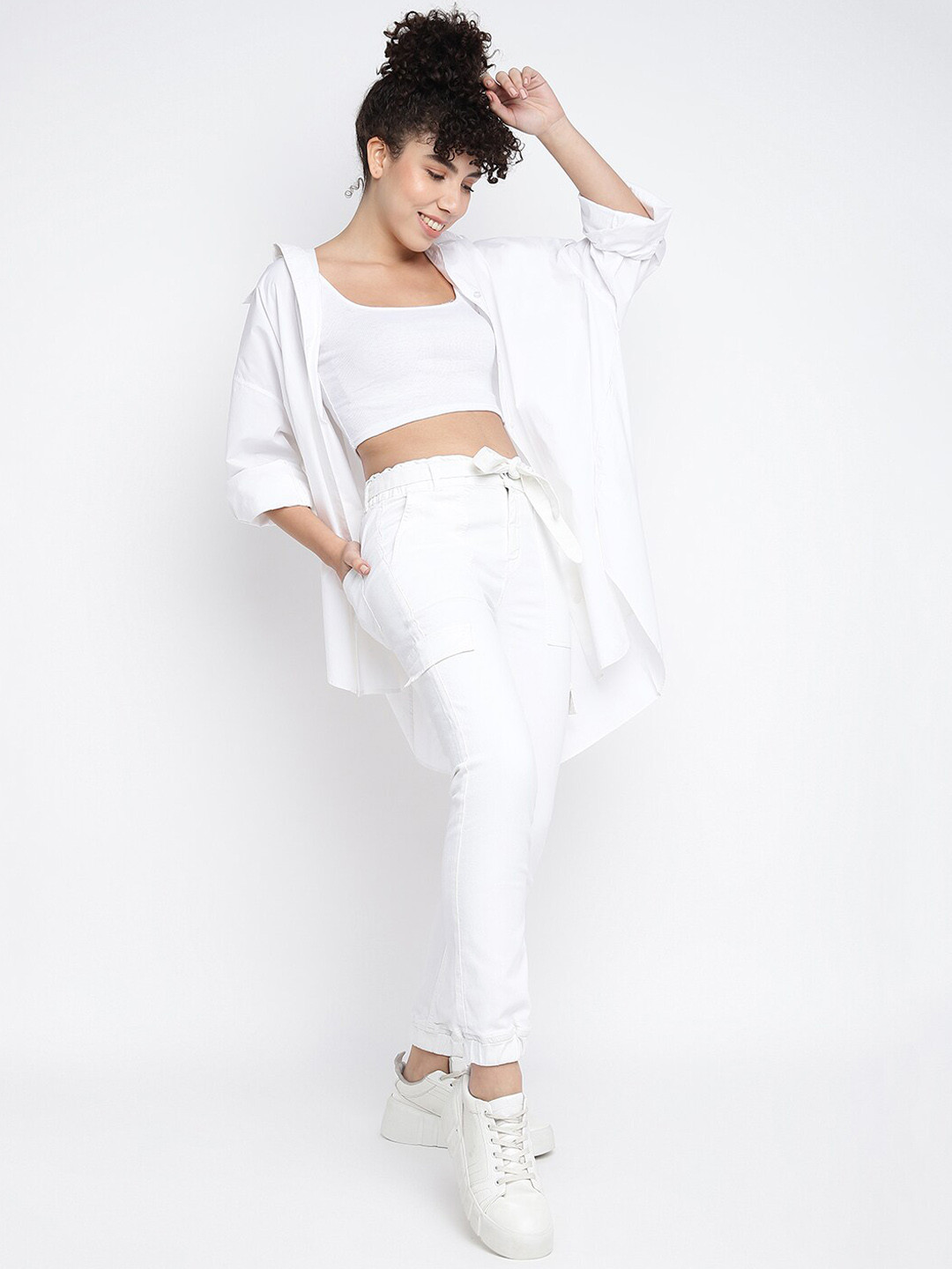 TALES & STORIES Women Regular Fit Belted High-Rise Cargo Joggers