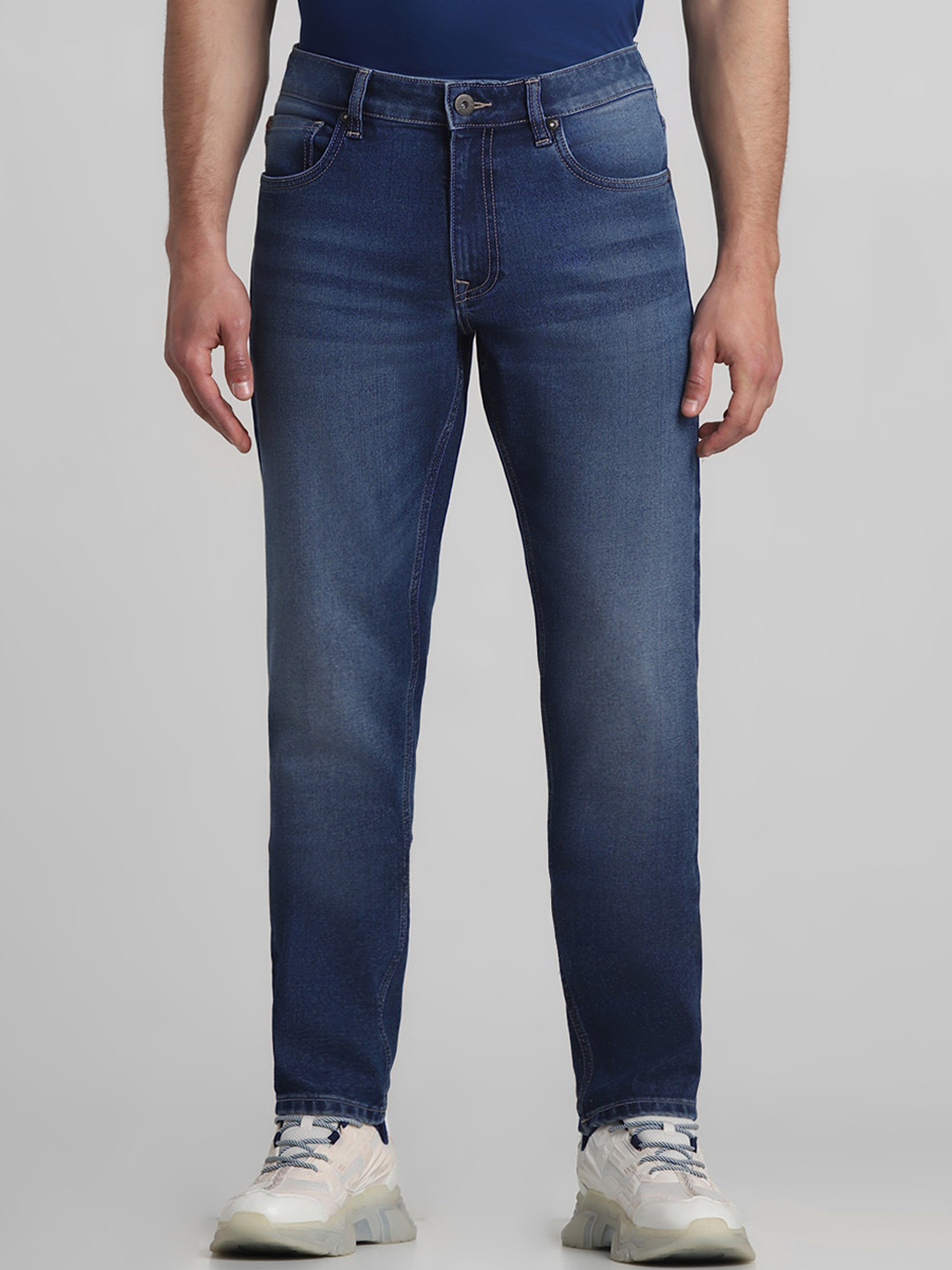 Jack & Jones Men Slim Fit Low-Rise Heavy Fade Clean Look Stretchable Jeans