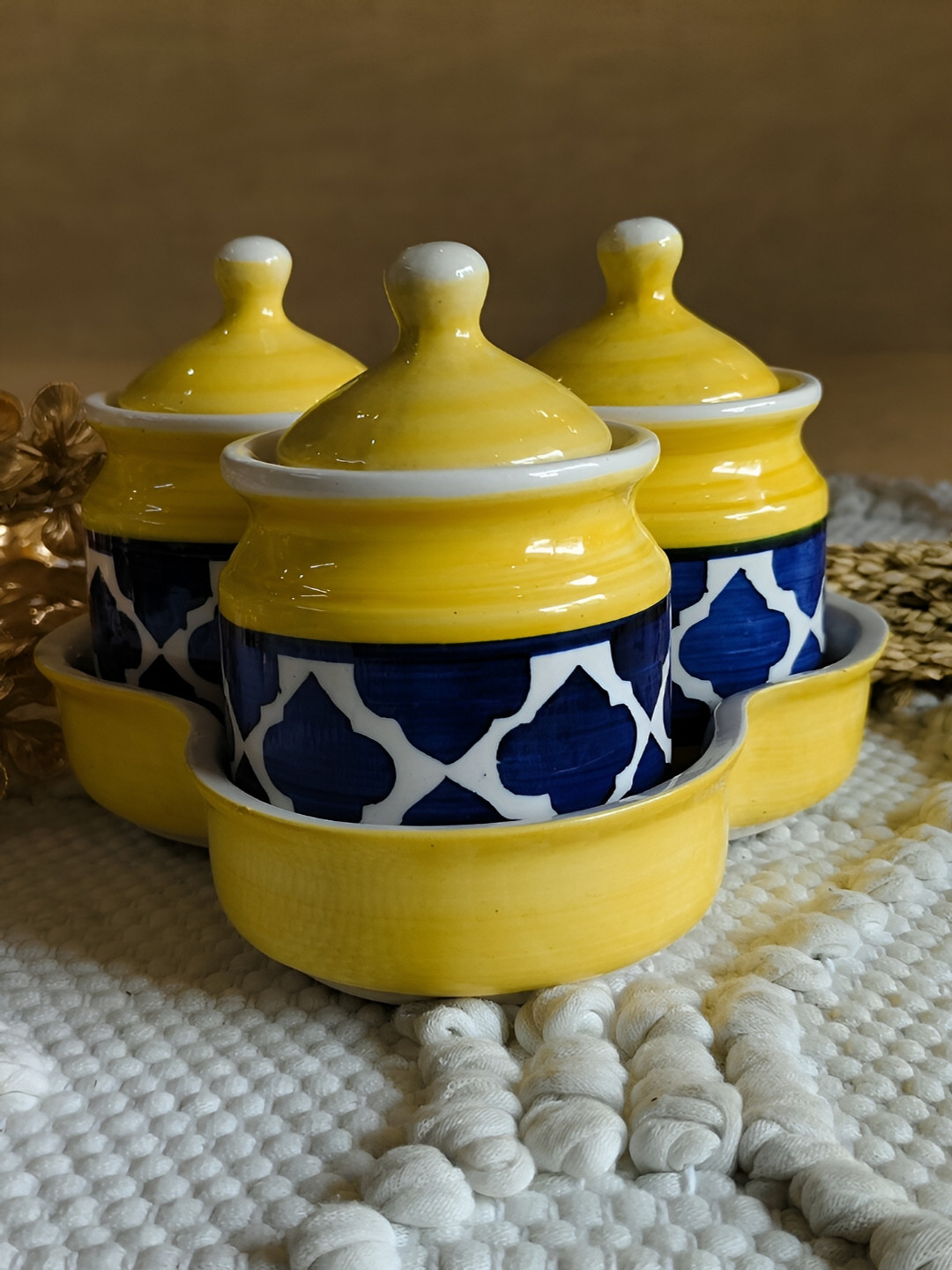 Niyara Yellow Floral Ceramic Dishwasher Safe 3 Piece Clip-On Fridge Container