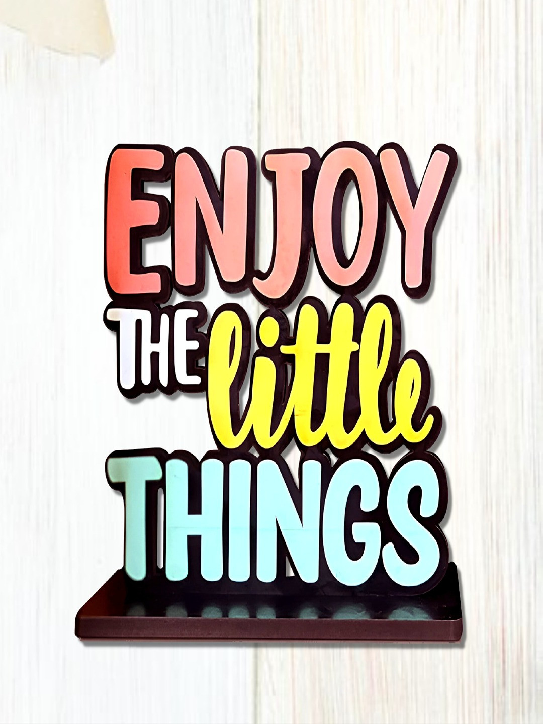 Phirki Studio Enjoy The Little Things Positive Quotes Yellow Wood Natural Living Room Medium Showpiece - 6.2 Inches