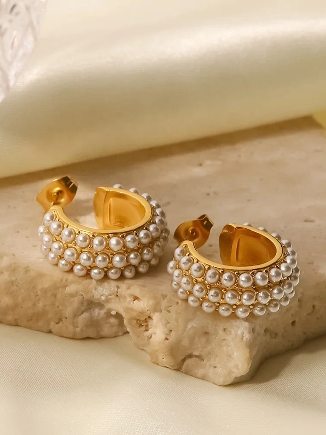 Inaya 18Kt Gold Plated Stainless Steel Three Layer Artificial Beaded Ethnic Wear Hoop Earrings