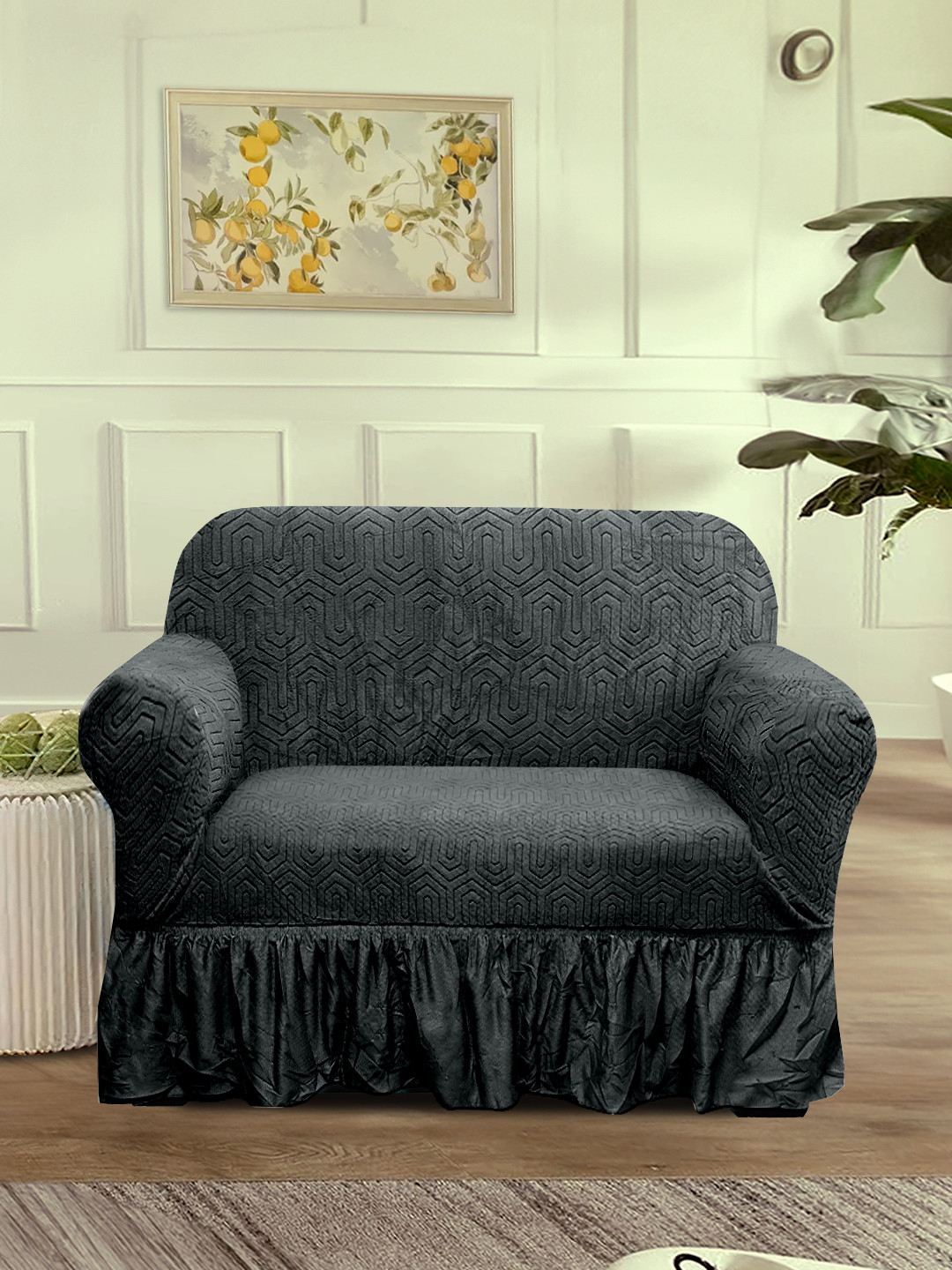 Cortina Grey Jacquard 1 Piece Sofa Cover With Arms