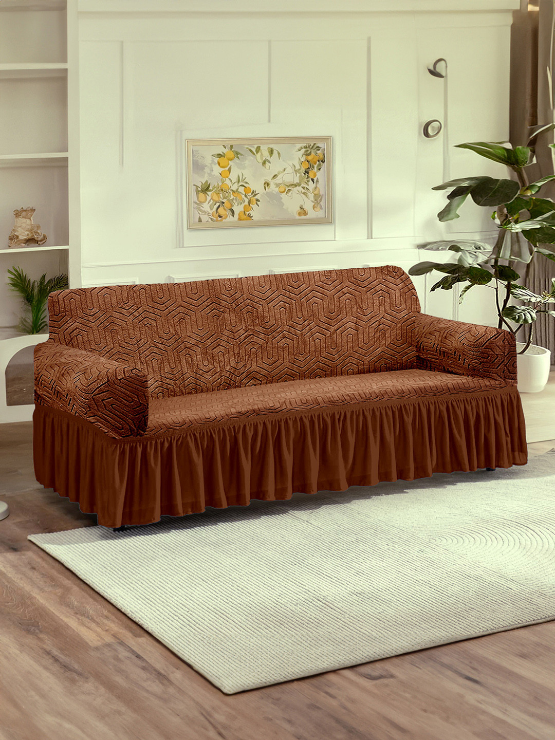 Cortina Brown Jacquard 1 Piece Sofa Cover With Arms