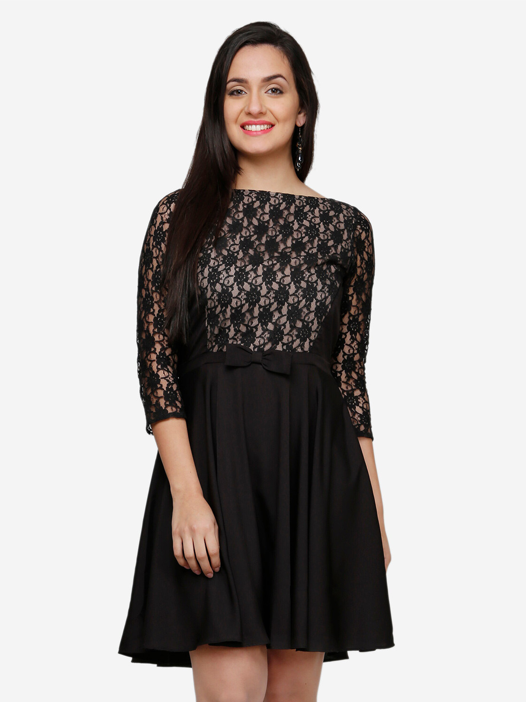 V&M Flora Self Design Boat Neck Fit & Flare Dress