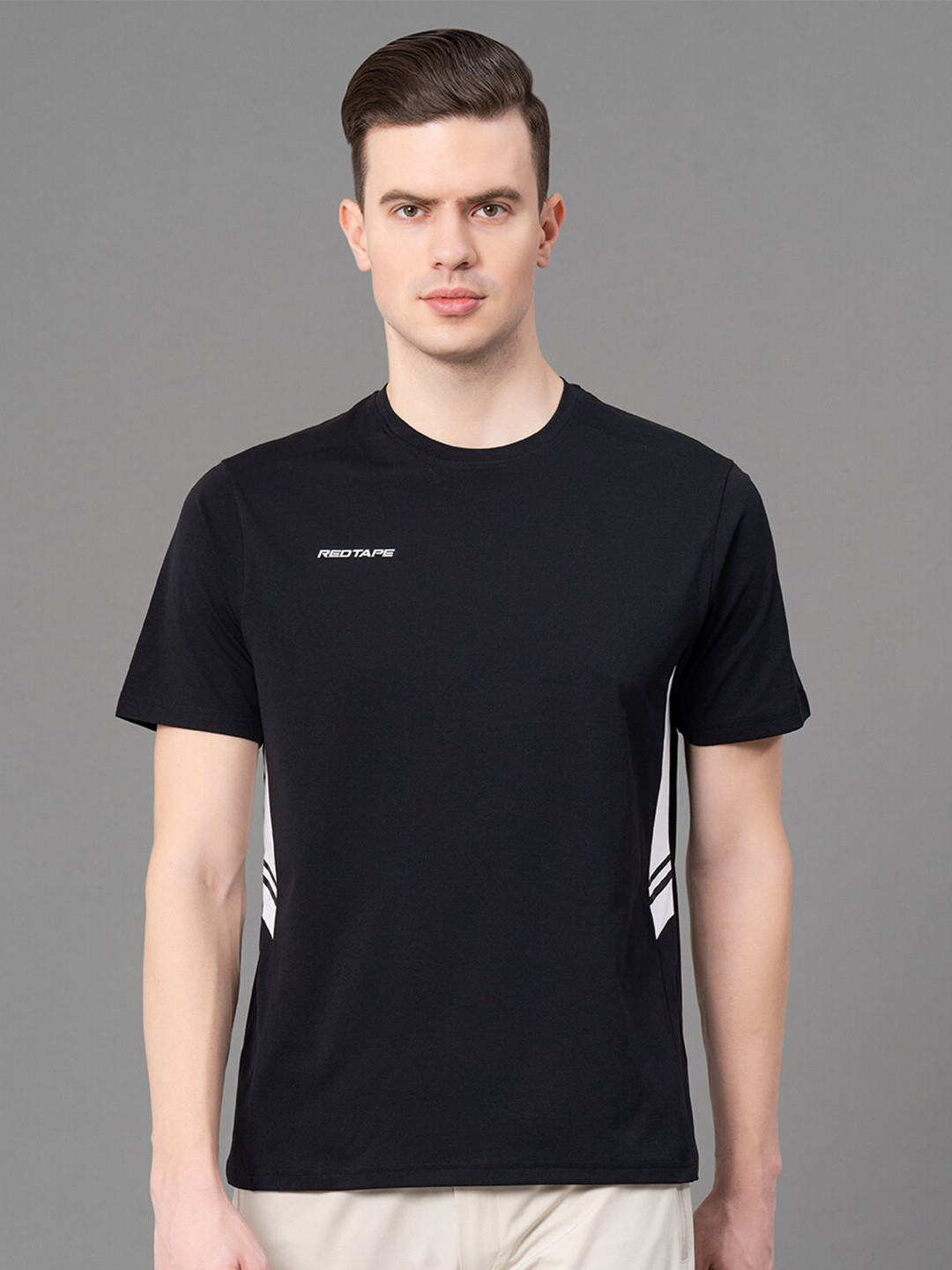 Red Tape Men Black Poyester Colorblock Athleisure T-Shirt