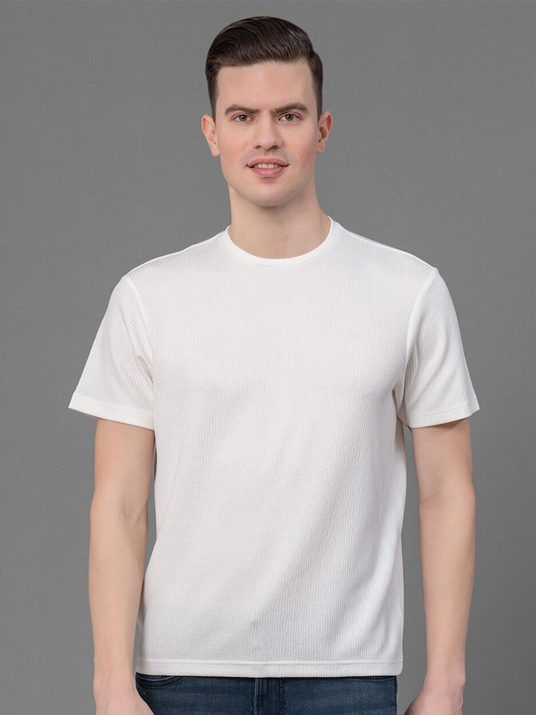 Red Tape Men WhiteSelf Design Round Neck T-Shirt